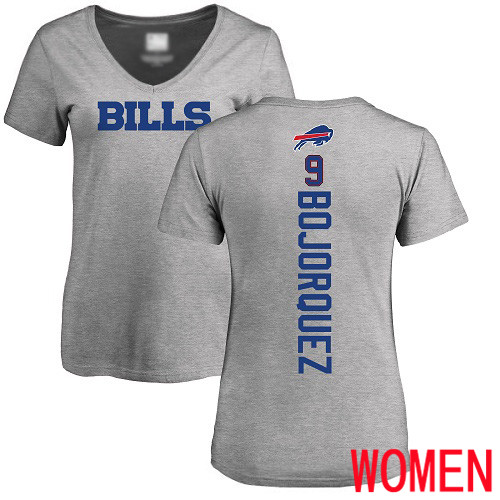 NFL Women Buffalo Bills #9 Corey Bojorquez Ash Backer V-Neck T Shirt